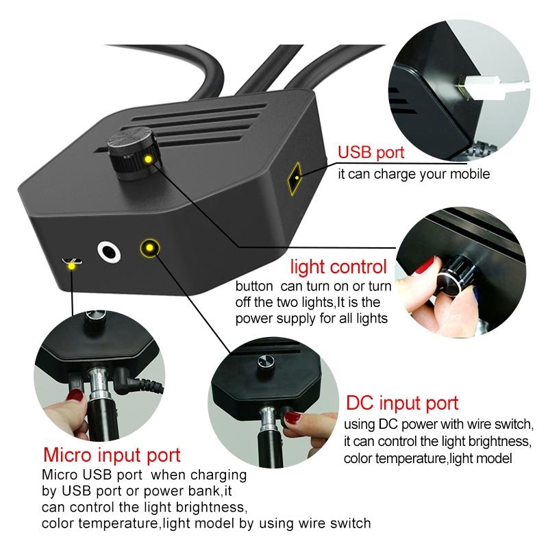 Portable Double Arm Fill Light with Phone Clip - Adjustable Brightness Black 10