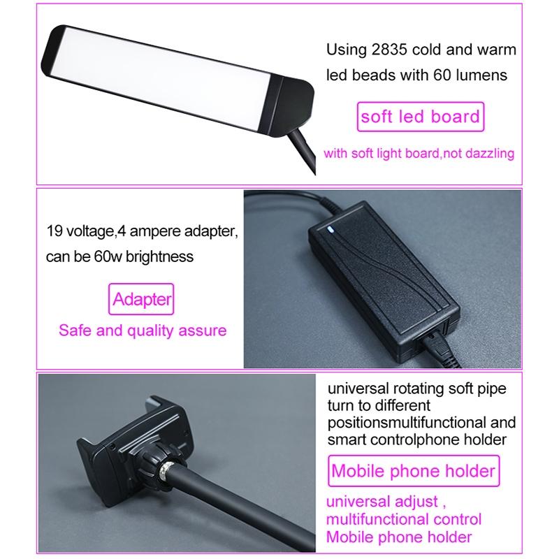 Portable Double Arm Fill Light with Phone Clip - Adjustable Brightness Black 12