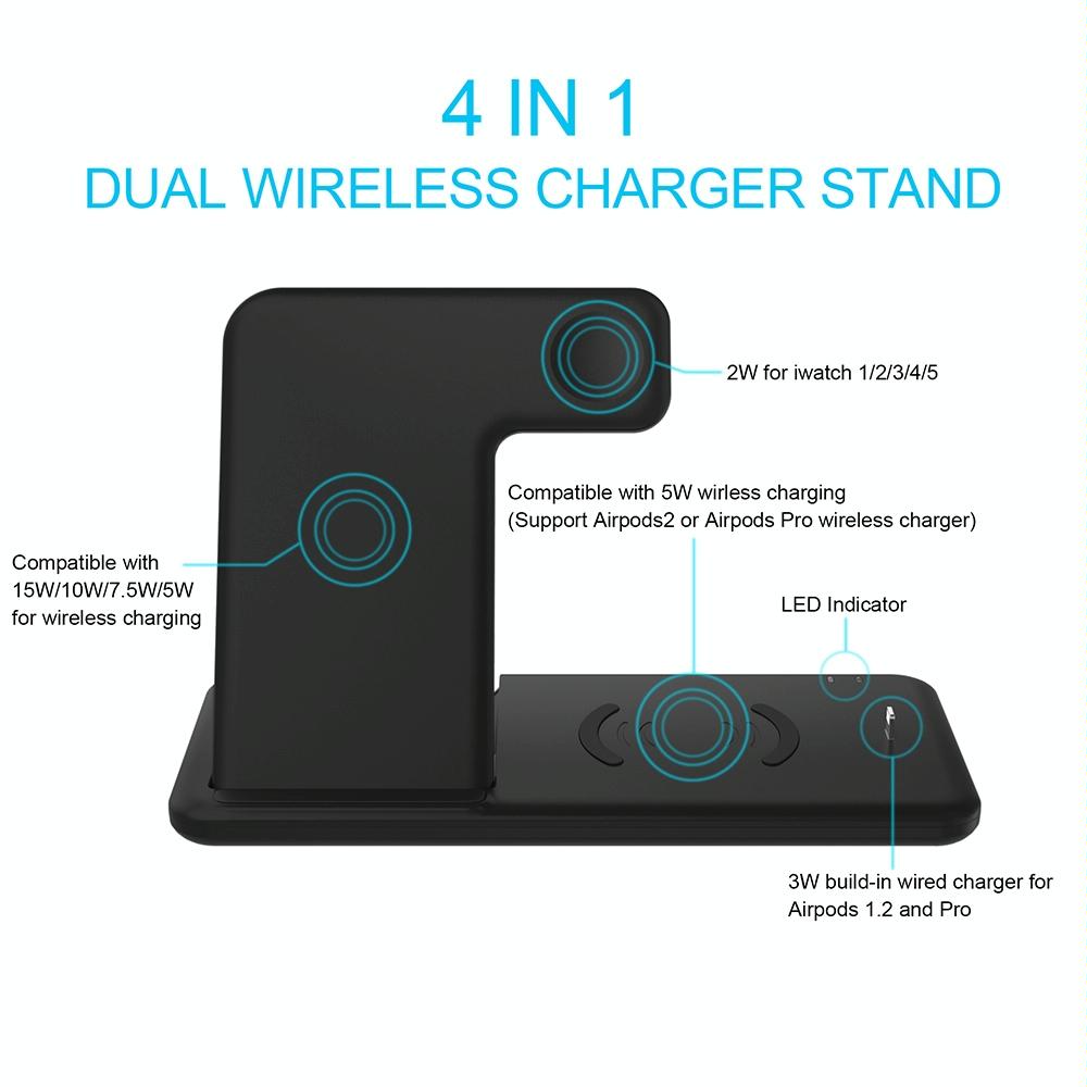 4 In 1 Wireless Charger Stand For Iphone Apple Watch Airpods Dual Phone Charging Black 3