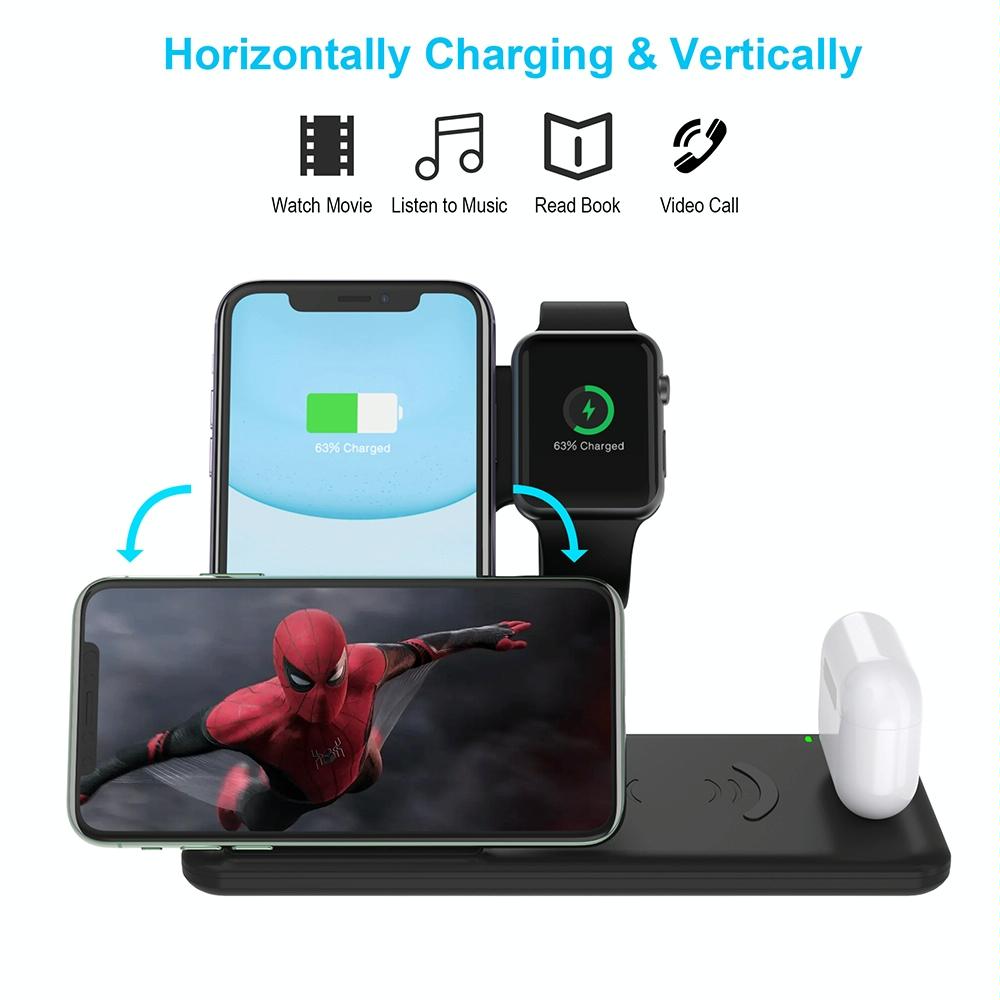 4 In 1 Wireless Charger Stand For Iphone Apple Watch Airpods Dual Phone Charging Black 4