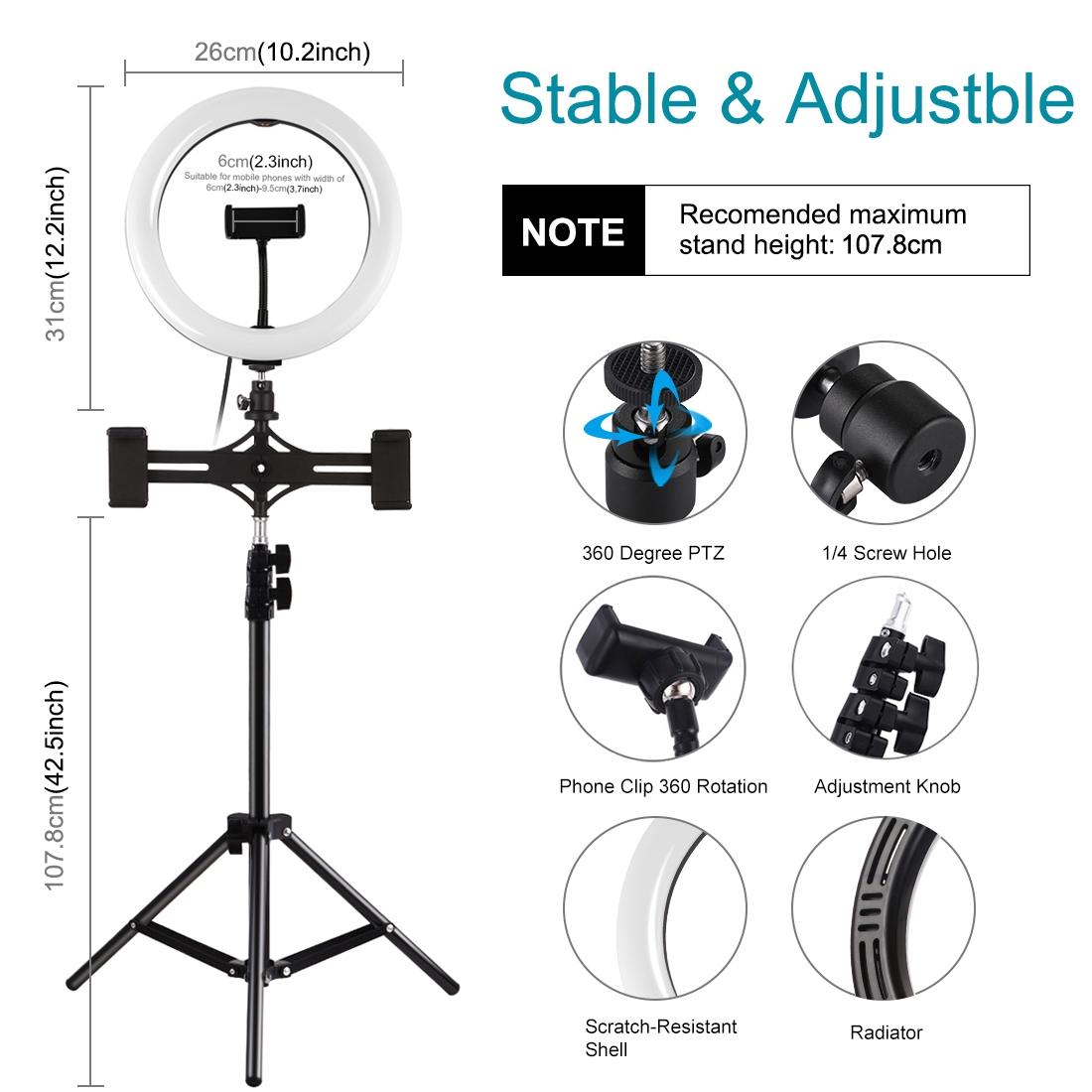 10.2 Led Ring Light with Tripod & Dual Phone Brackets - Usb Dimmable Dual Colour Temperature Selfie Remote - Black 7