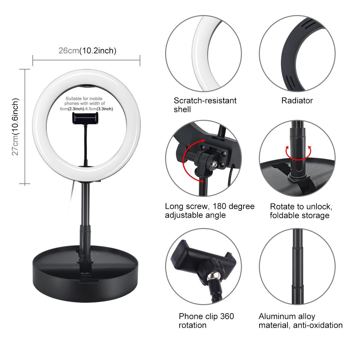 10.2 Dual-colour Led Ring Light with Usb Bluetooth Remote and Phone Holder - Black 8