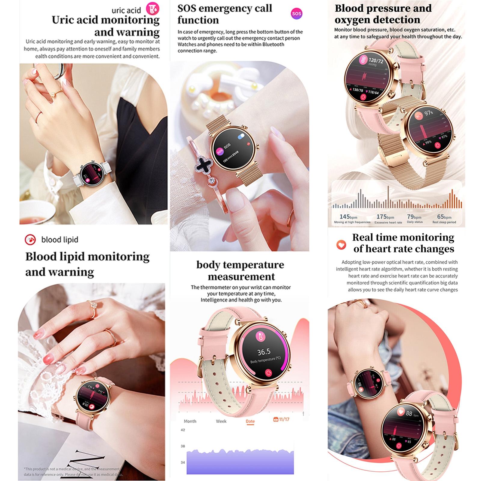 Women Smart Watch With Bt Call Health Tracking And Sos - Compact And Stylish - Silver White Leather 8
