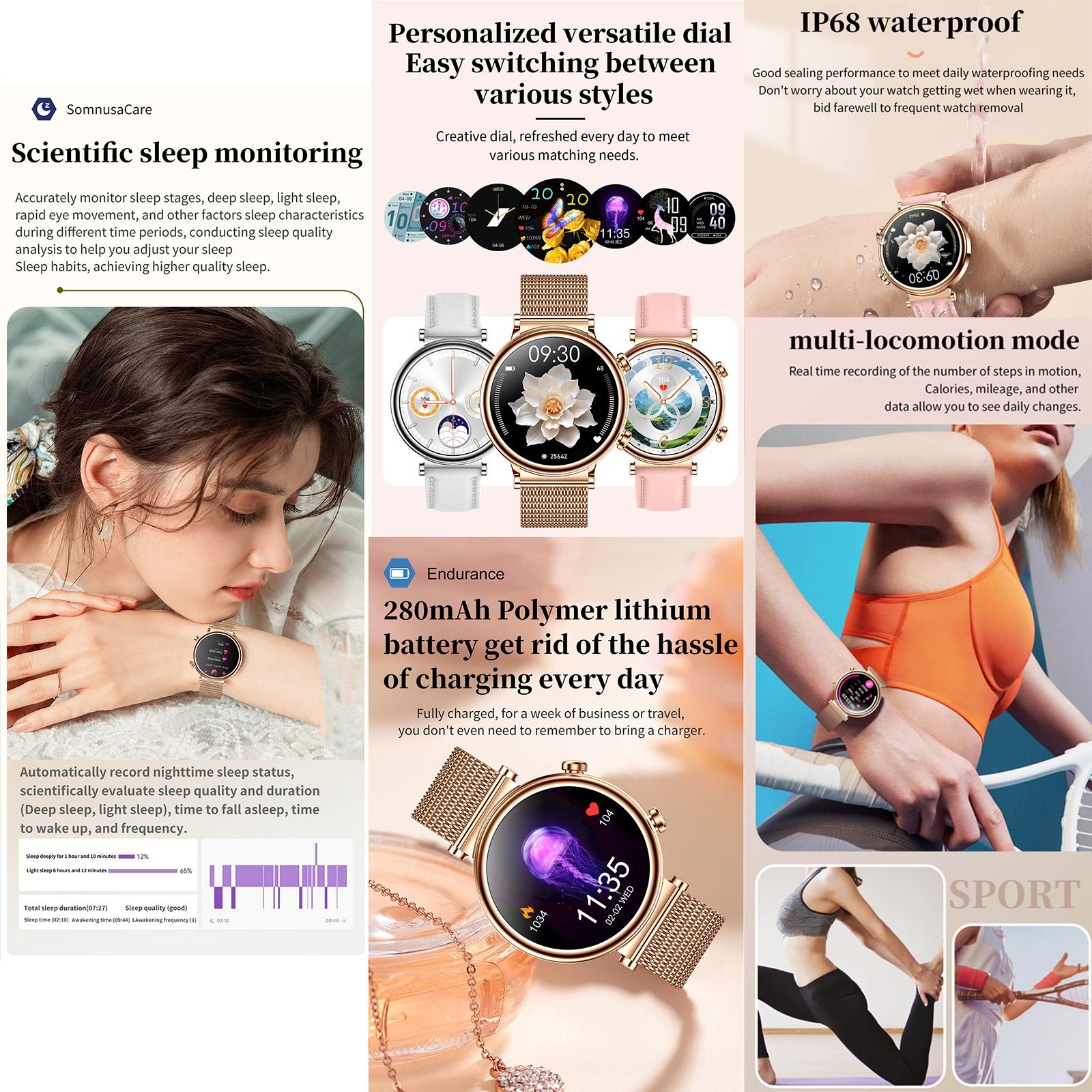 Women Smart Watch With Bt Call Health Tracking And Sos - Compact And Stylish - Silver White Leather 9