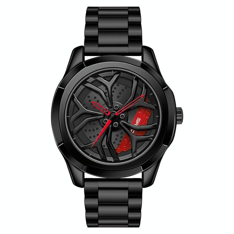 Men Casual Steel Band Quartz Watch - P1065 Wheel Series - Black Red