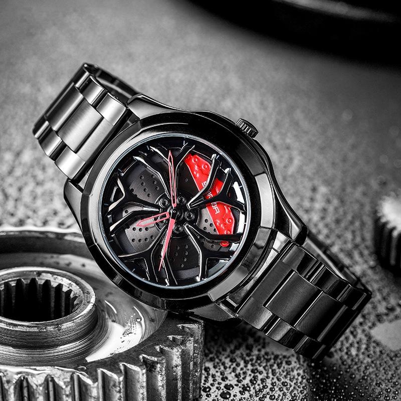 Men Casual Steel Band Quartz Watch - P1065 Wheel Series - Black Red 5