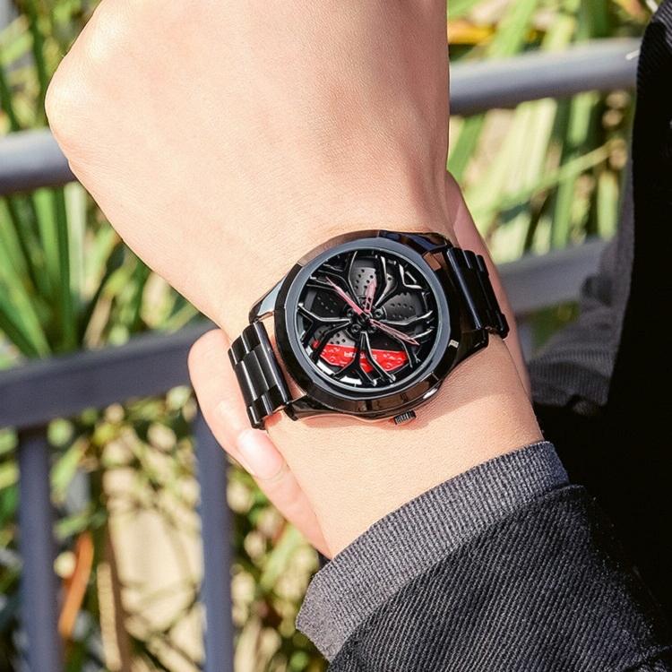 Men Casual Steel Band Quartz Watch - P1065 Wheel Series - Black Red 12