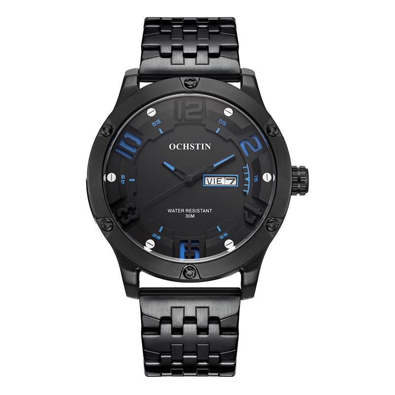 Stylish Day-date Men Quartz Watch with Steel Strap - Black Blue