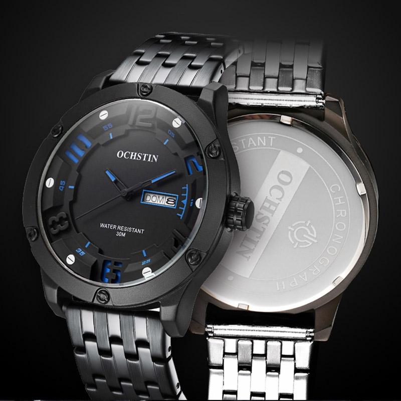 Stylish Day-date Men Quartz Watch with Steel Strap - Black Blue 5
