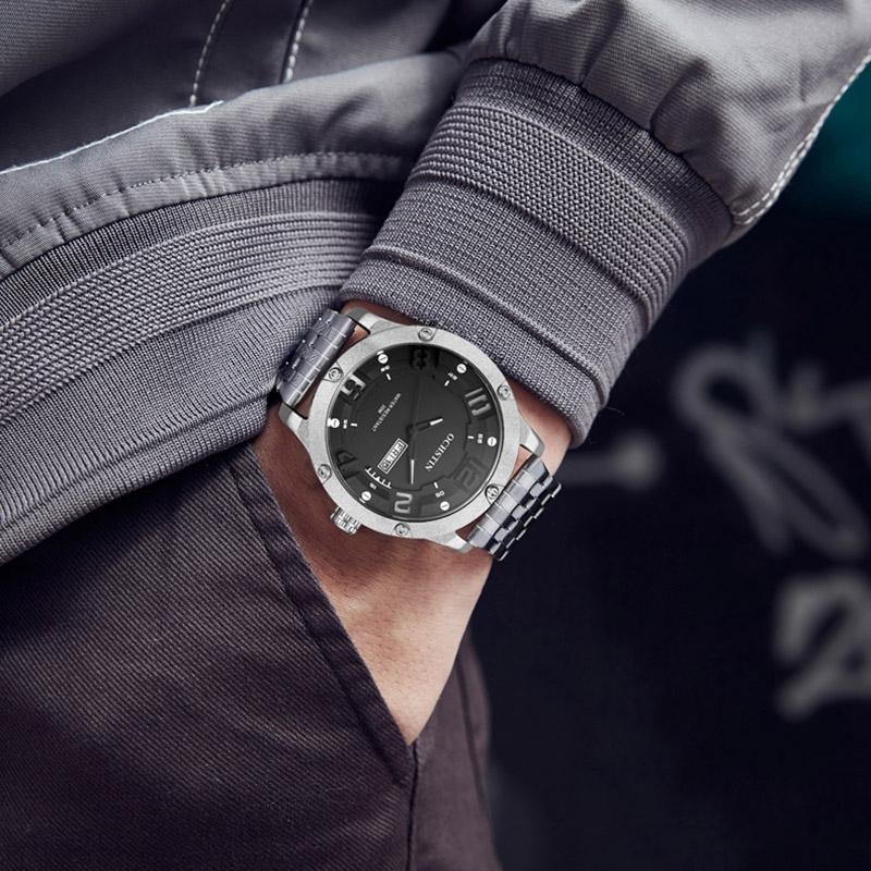 Stylish Day-date Men Quartz Watch with Steel Strap - Black Blue 7
