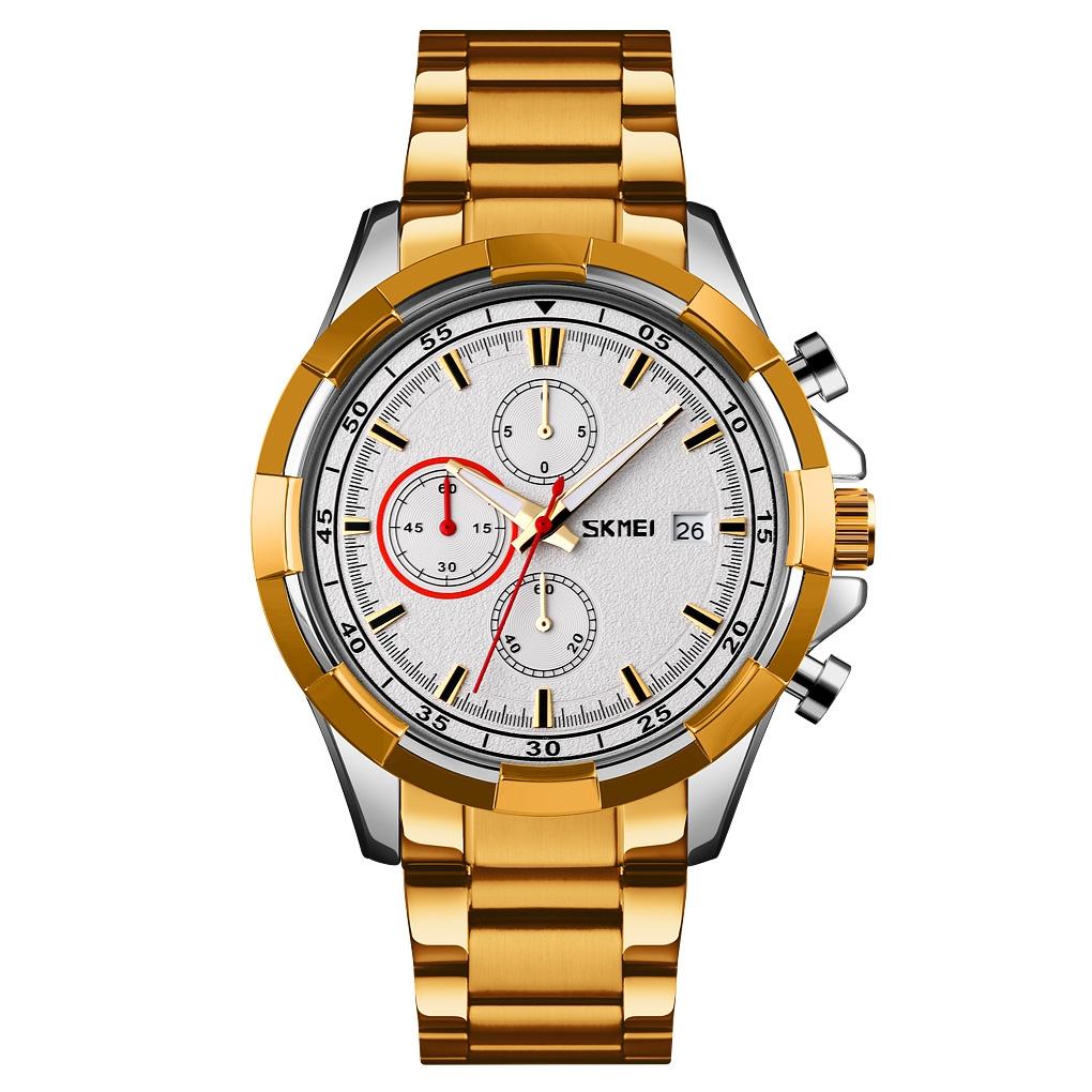 Men Stainless Steel Quartz Watch with Luminous Calendar and Timing - Gold