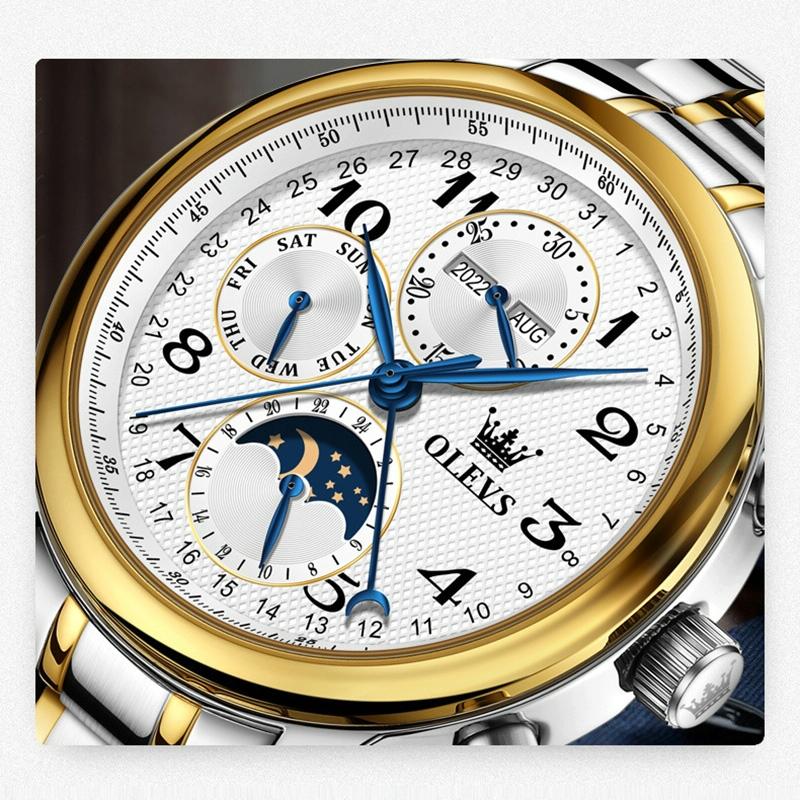 Waterproof Luminous Mechanical Watch for Men - Multifunction - Steel Band + Gold White 3