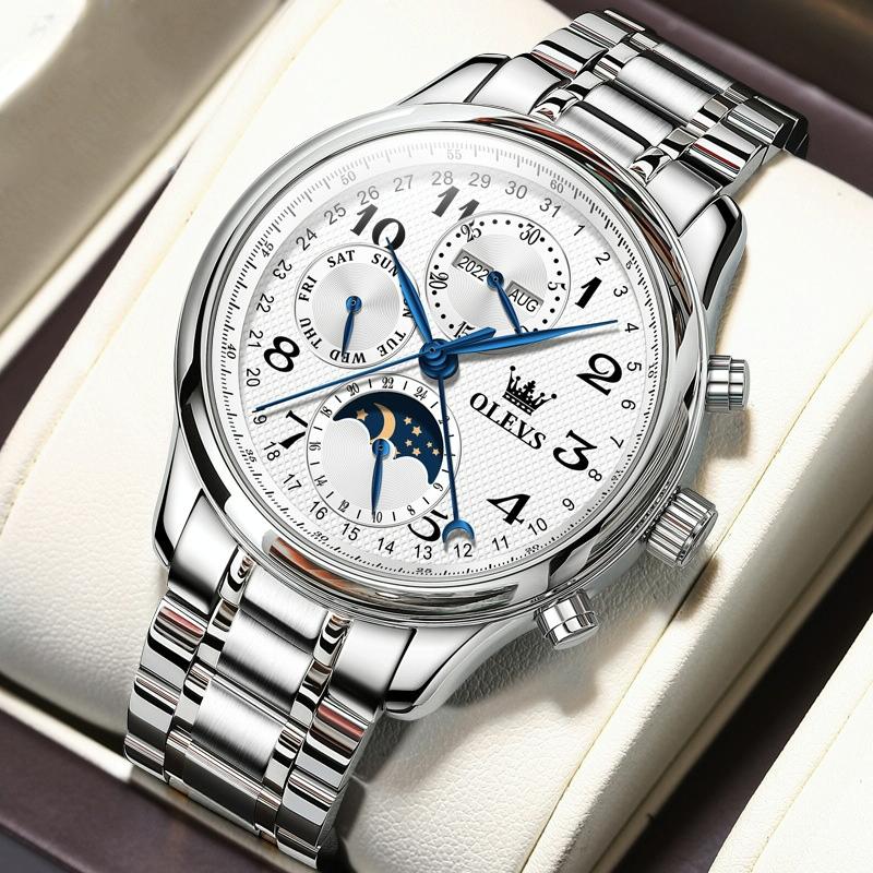 Waterproof Luminous Mechanical Watch for Men - Multifunction - Steel Band + Gold White 7