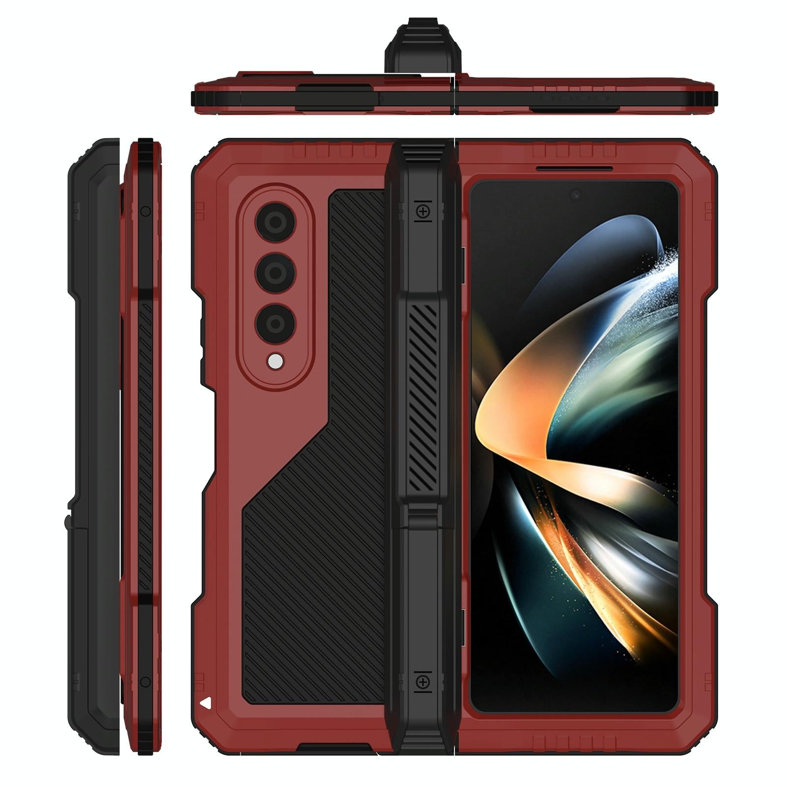 For Samsung Galaxy Z Fold4 5G Waterproof Metal Phone Case With Folding Holder - Red 5