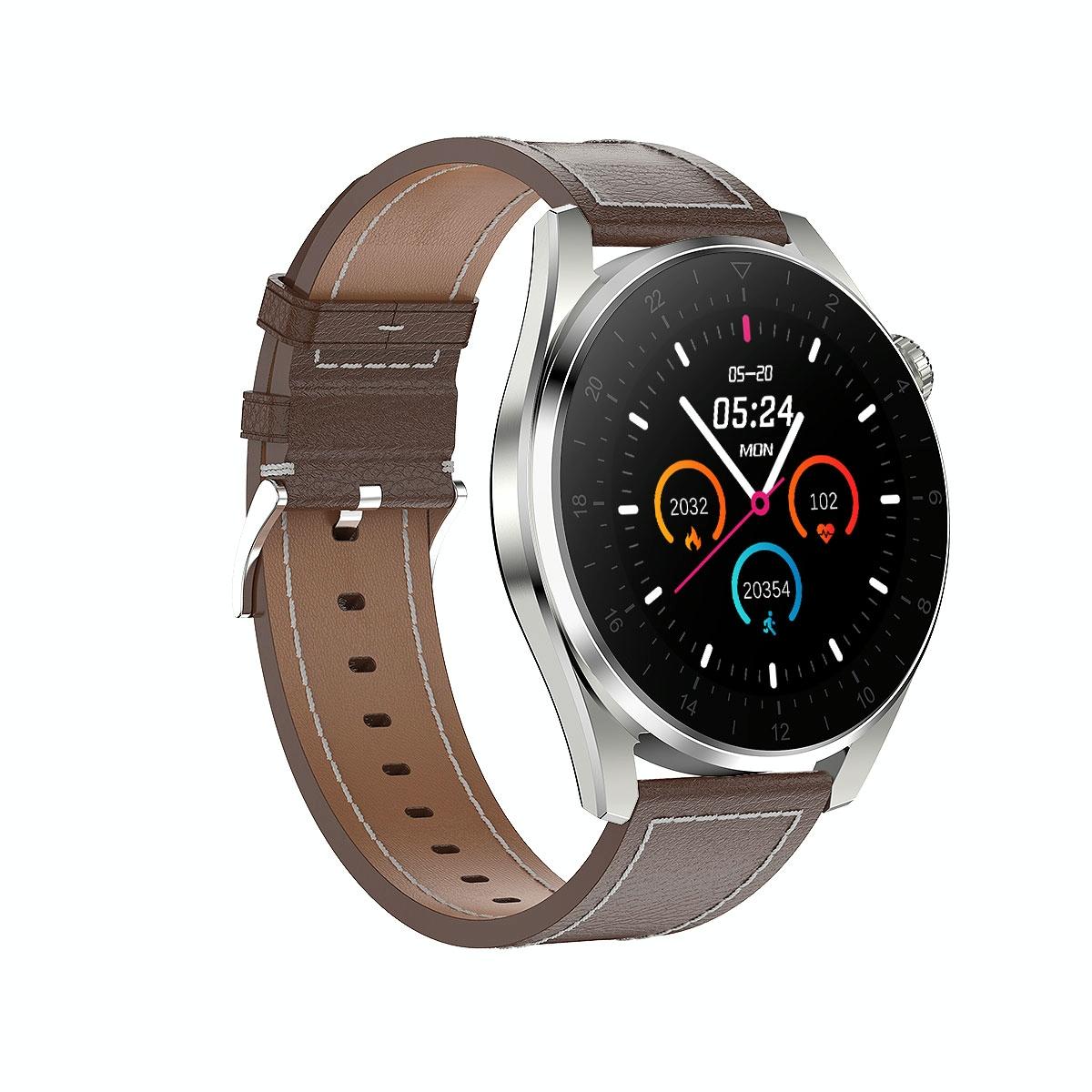Waterproof Leather Smartwatch With Colour Display - Brown 12
