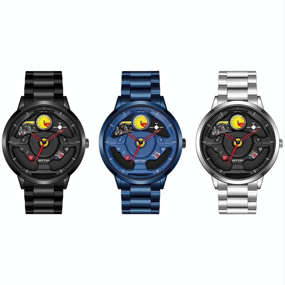 Waterproof Quartz Watch with Hollow Dial and Steering Wheel Design - Blue