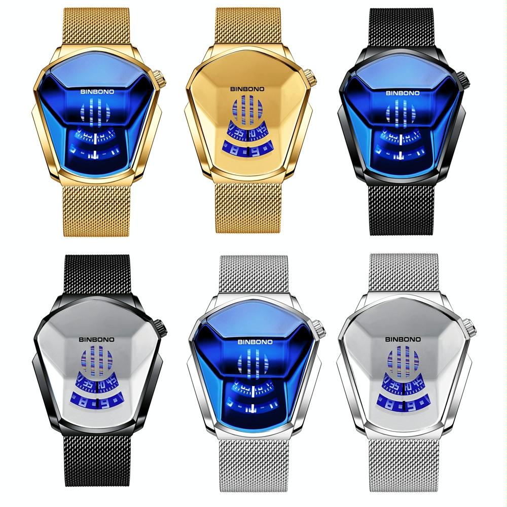 Black Technology Men Watch with Locomotive Concept - Gold Net Belt-Full Gold-Gold Face 3