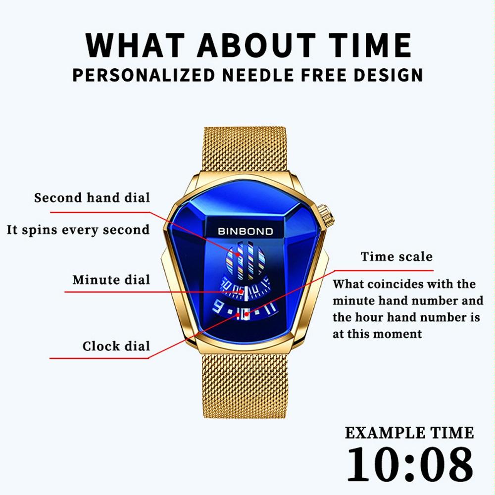 Black Technology Men Watch with Locomotive Concept - Gold Net Belt-Full Gold-Gold Face 6
