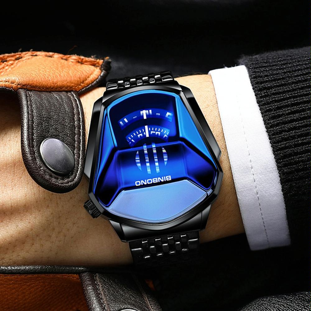 Black Technology Men Watch with Locomotive Concept - Gold Net Belt-Full Gold-Gold Face 7