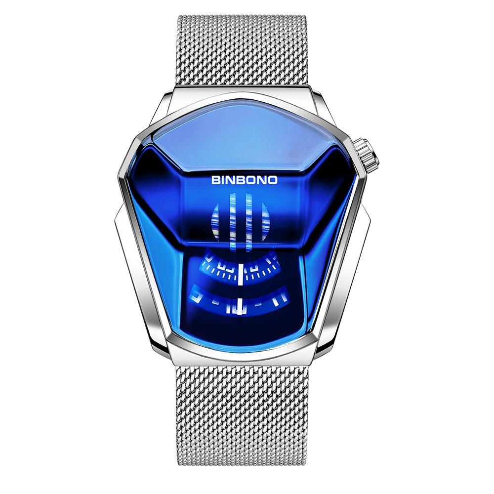 Black Technology Men Watch with Locomotive Concept - Gold Net Belt-Full Gold-Gold Face 8