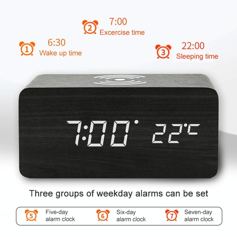 5W Wooden Wireless Charger With Led Mirror Display And Sub Alarm Clock - Rosewood 5