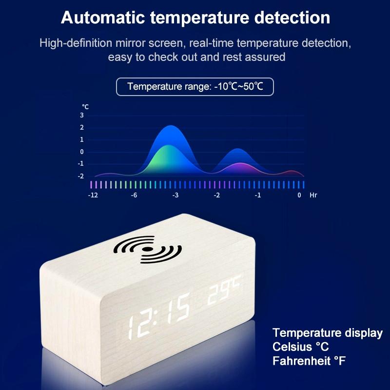 5W Wooden Wireless Charger With Led Mirror Display And Sub Alarm Clock - Rosewood 7