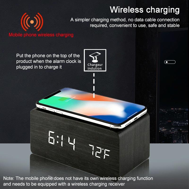 5W Wooden Wireless Charger With Led Mirror Display And Sub Alarm Clock - Rosewood 8