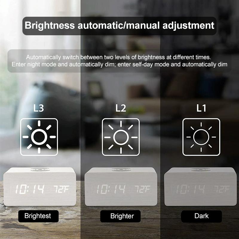 5W Wooden Wireless Charger With Led Mirror Display And Sub Alarm Clock - Rosewood 9