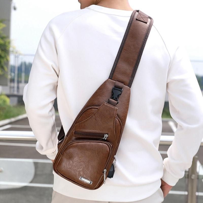 Waterproof Pu Leather Men Chest Bag Usb Port Headphone Hole - Light Brown