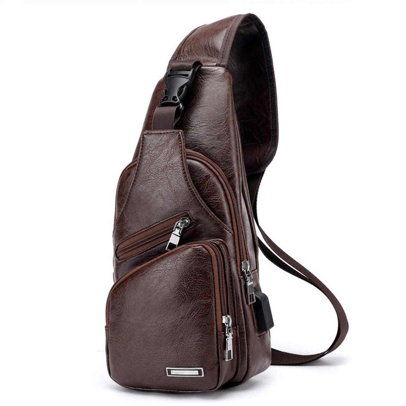 Waterproof Pu Leather Men Chest Bag Usb Port Headphone Hole - Light Brown 3