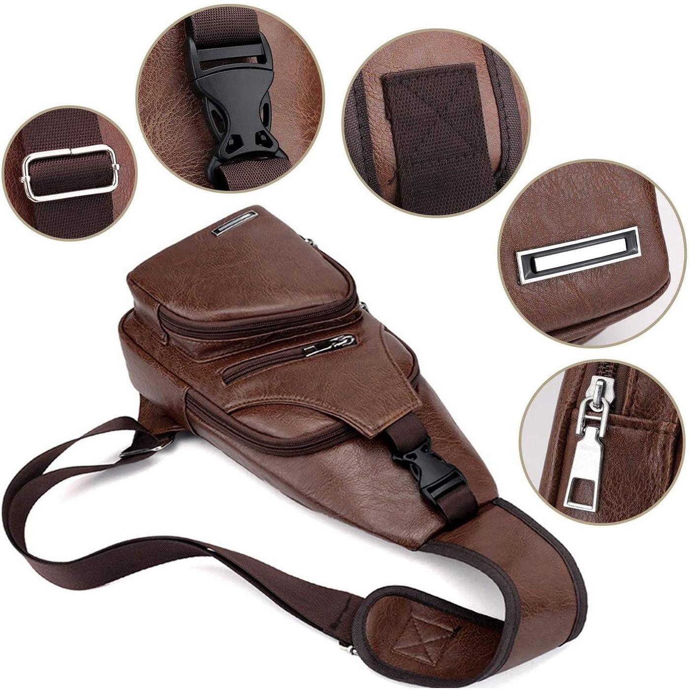 Waterproof Pu Leather Men Chest Bag Usb Port Headphone Hole - Light Brown 6