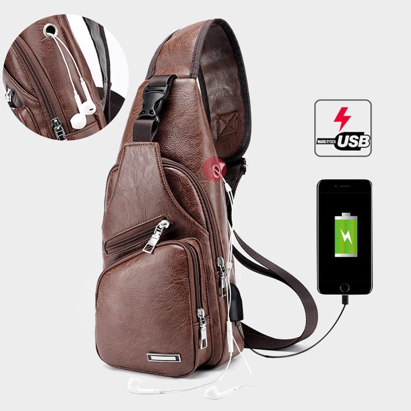 Waterproof Pu Leather Men Chest Bag Usb Port Headphone Hole - Light Brown 7