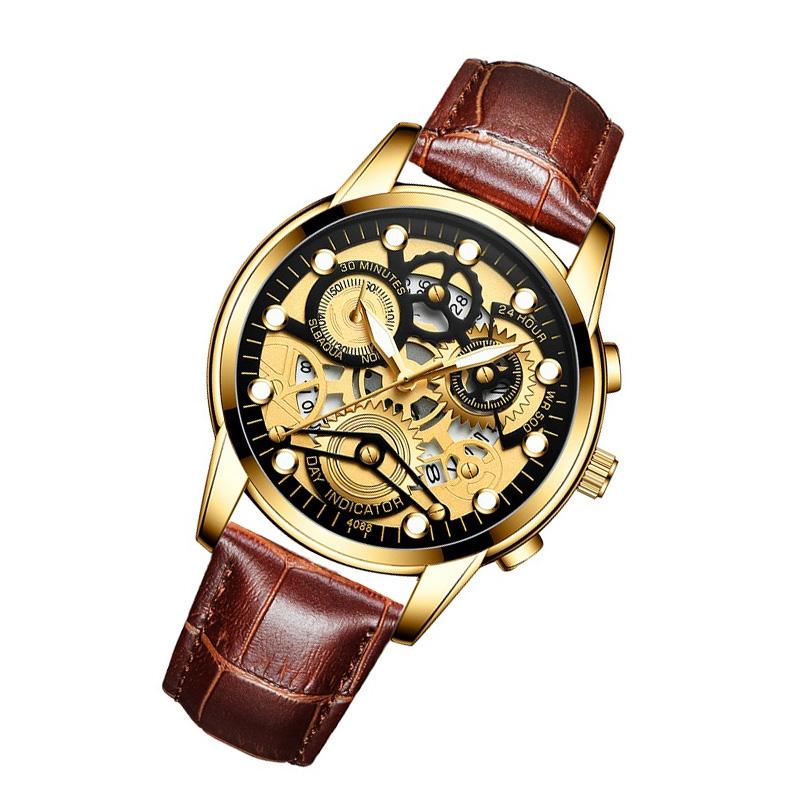 Waterproof Luminous Men Quartz Watch - Hollow Design - Full Gold Black Surface