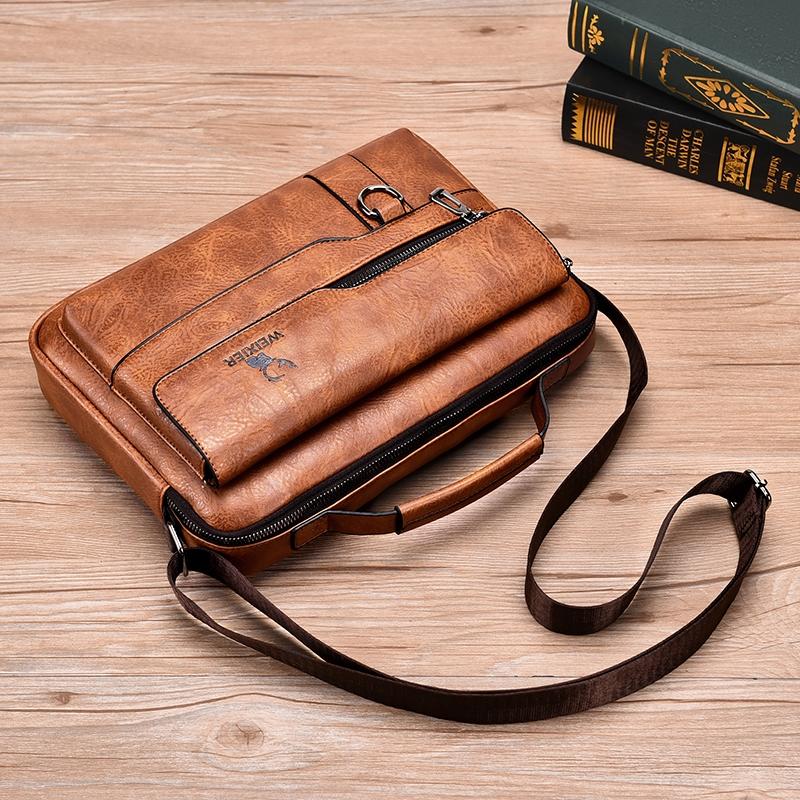 Leather Men Shoulder Bag Business Laptop Case Retro Design - Light Brown 3