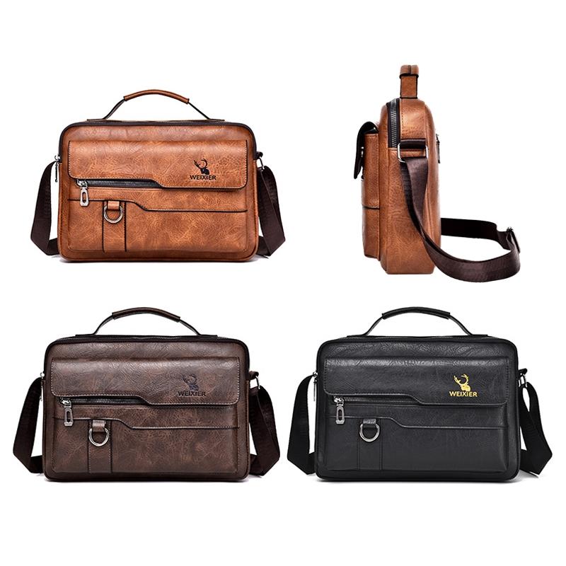 Leather Men Shoulder Bag Business Laptop Case Retro Design - Light Brown 5