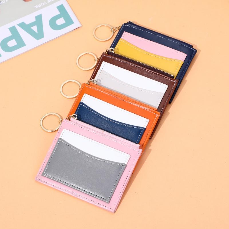 Portable Simple Card Holder Coin Purse With Keychain Unisex Pu Wallet - Orange 7