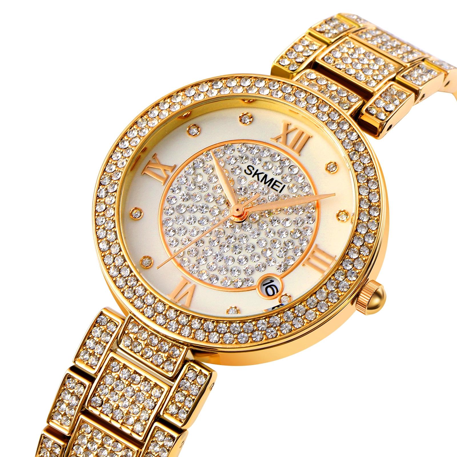 Women Quartz Watch with Diamond Roman Numerals and Round Dial - Gold