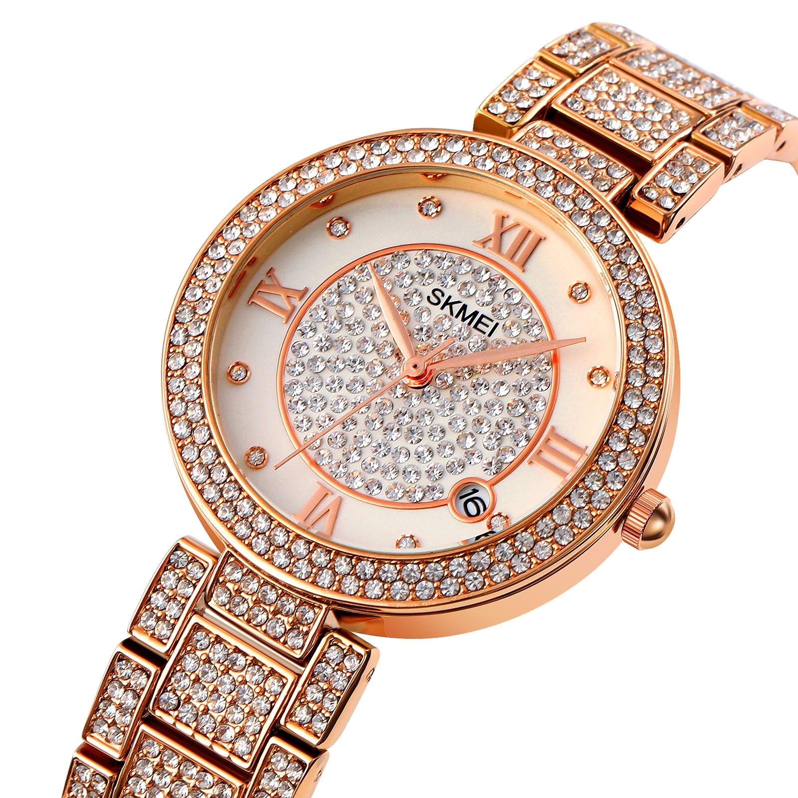 Women Quartz Watch with Diamond Roman Numerals and Round Dial - Gold 10