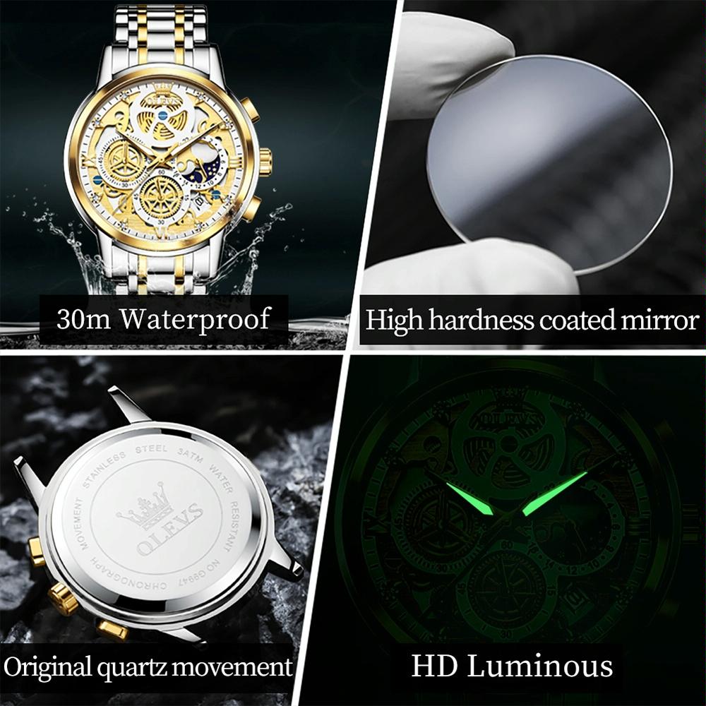 Waterproof Multifunctional Men Quartz Watch - Hollow Design - White + Gold 10