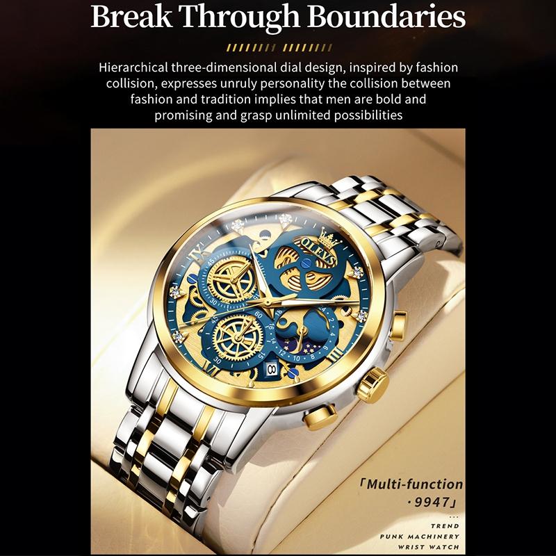 Waterproof Multifunctional Men Quartz Watch - Hollow Design - White + Gold 15