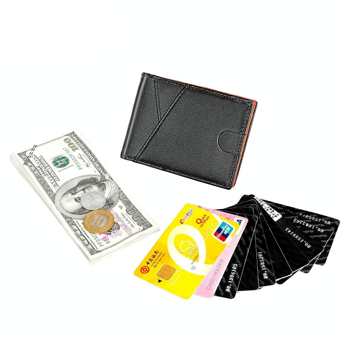 Leather Rfid Wallet with Front Pocket - Black - Black