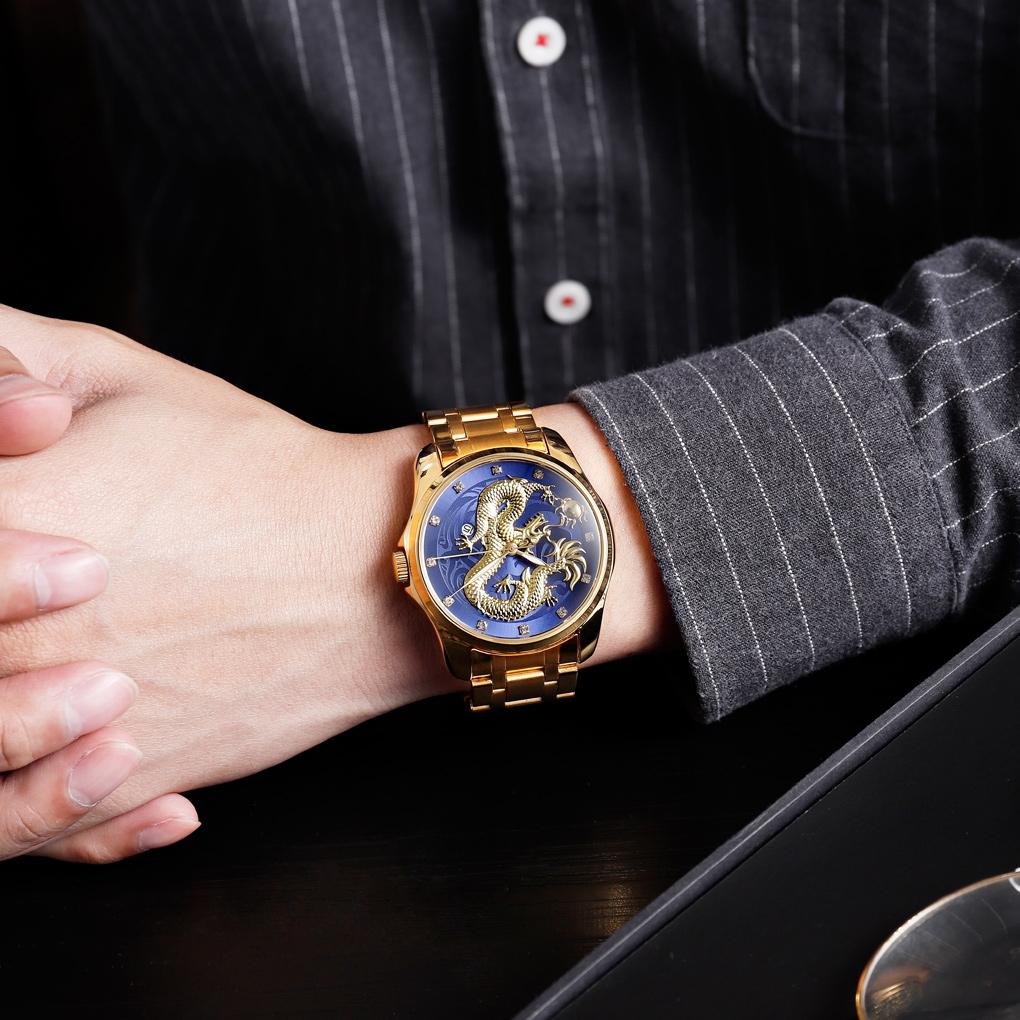 Men Golden Dragon Calendar Dial Quartz Watch with Luminous Hands - Silver Black 8