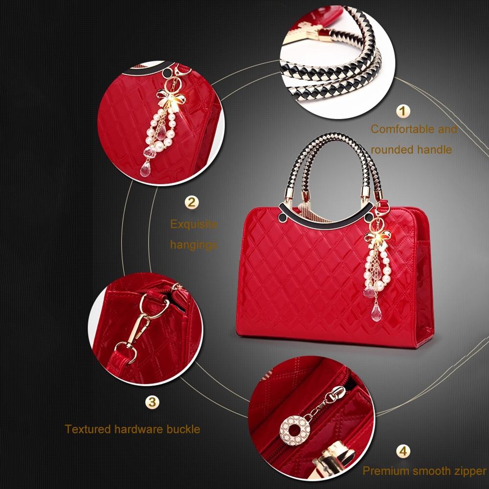 Diamond Pattern Leather Handbag with Hanging Ornaments - Women - Red 8