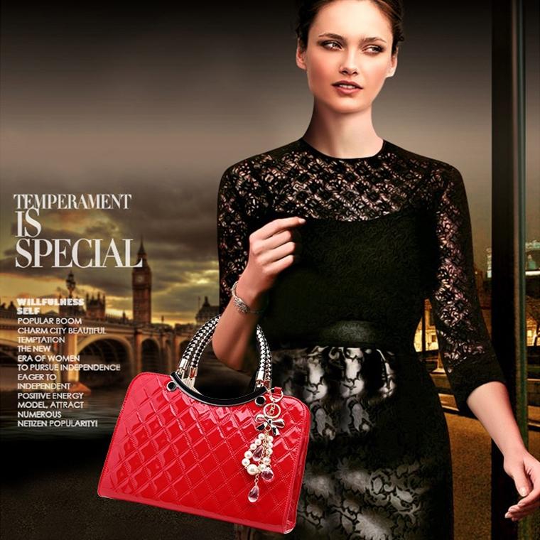 Diamond Pattern Leather Handbag with Hanging Ornaments - Women - Red 9