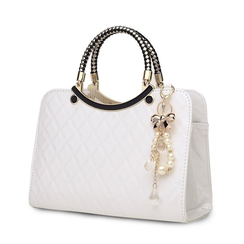 Diamond Pattern Leather Handbag with Hanging Ornaments - Women - Red 11