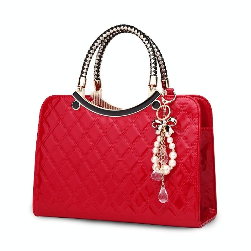 Diamond Pattern Leather Handbag with Hanging Ornaments - Women - Red 12