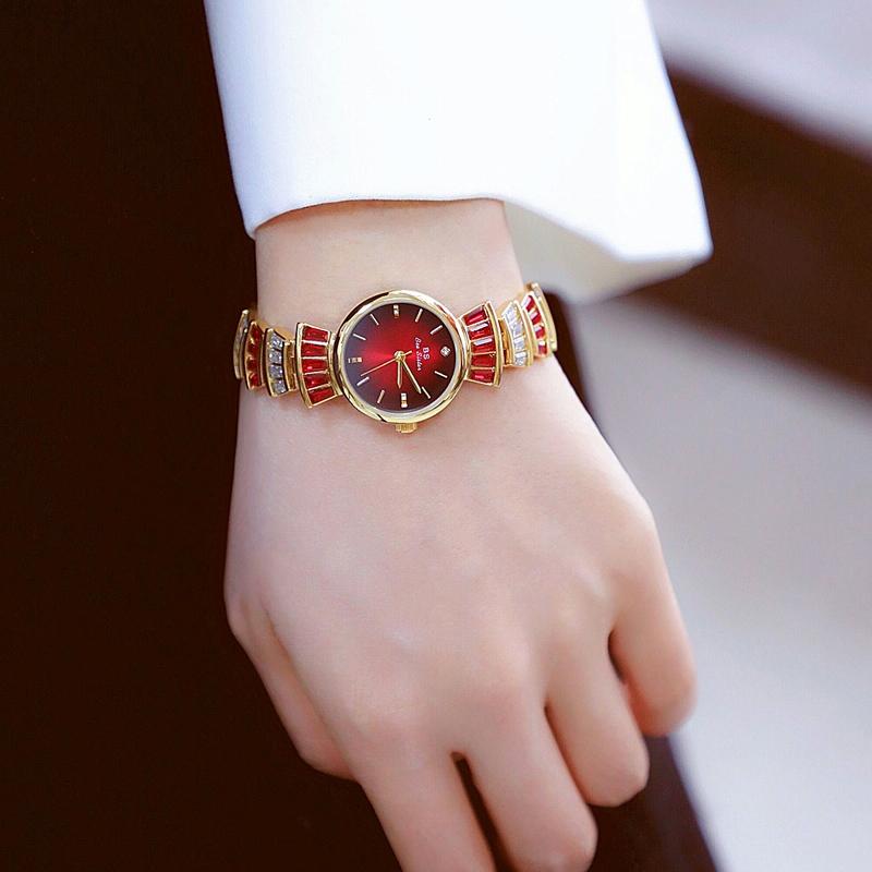 Women Diamond Symphony Wrist Watch with Inlaid Diamonds - Silver -Red 3