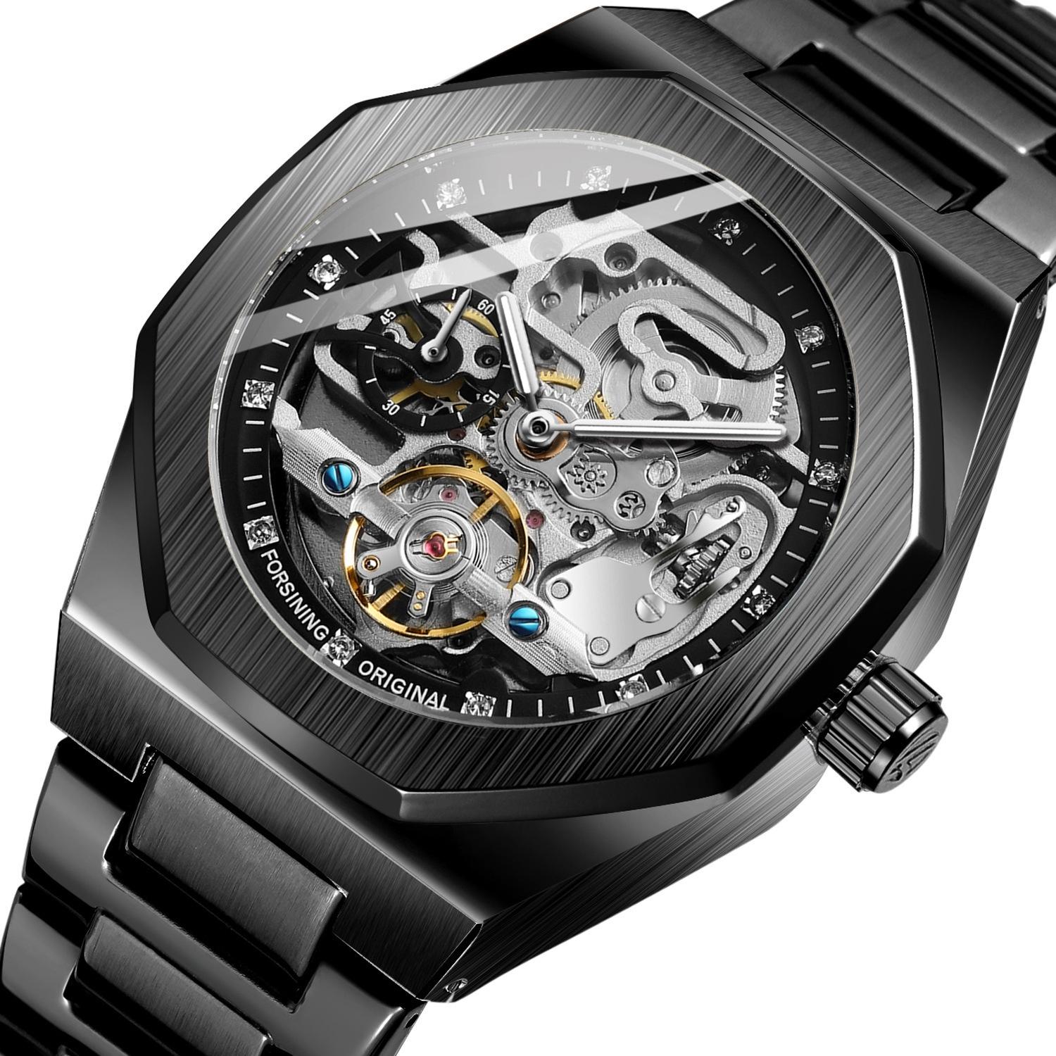 Men Automatic Mechanical Watch with Luminous Dial and Steel Band - Silver Belt White Face 11