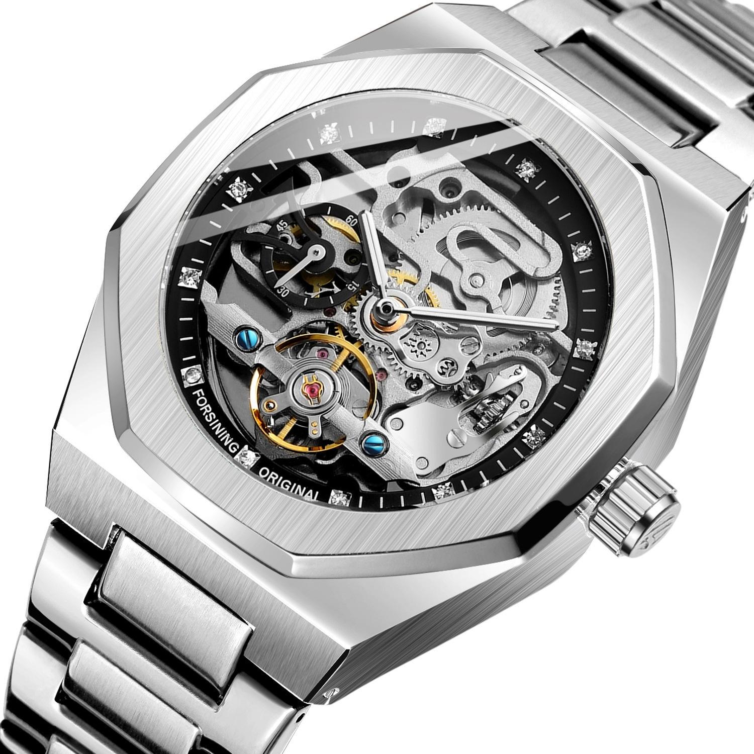 Men Automatic Mechanical Watch with Luminous Dial and Steel Band - Silver Belt White Face 15
