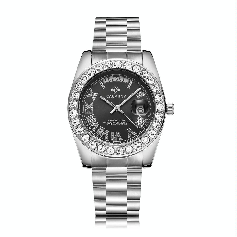 Men Quartz Watch with Diamond-encrusted Roman Numeral Dial - Gold Shell Red Dial